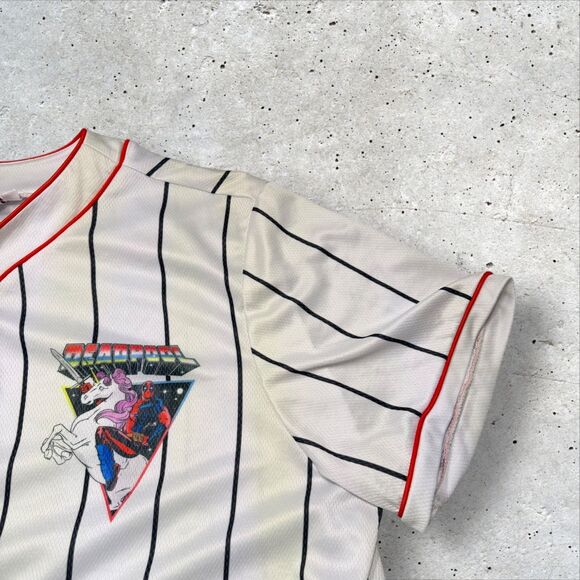 Marvel Deadpool Unicorn Baseball Jersey XL Pinstripe Red Trim Button-Up C-Life - Picture 3 of 10